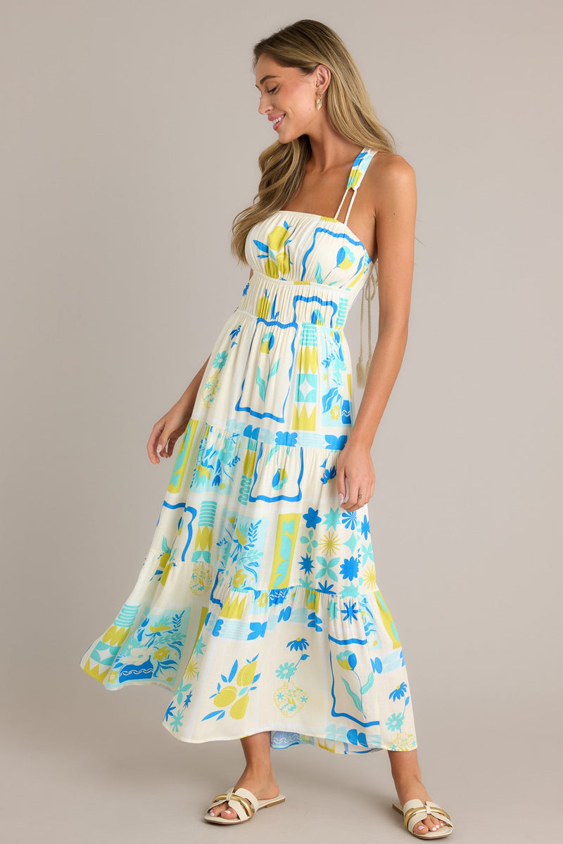 Summer Squeeze Blue Multi Print Tiered Midi Dress