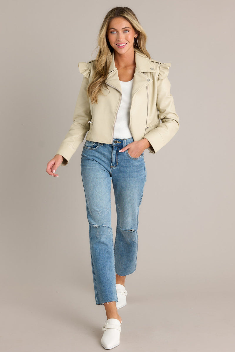 The Whole Time Ecru Beige Faux Leather Jacket