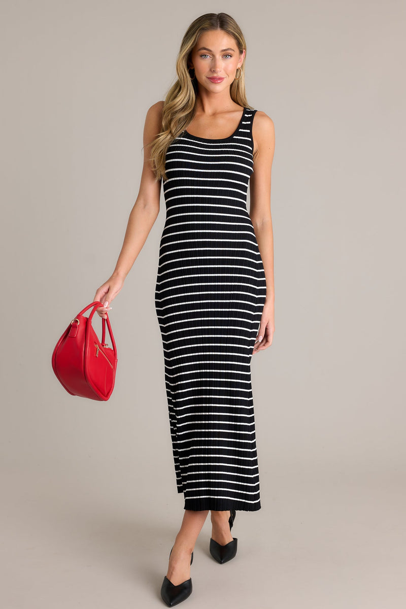 Classic Rhythm Black Stripe Ribbed Midi Dress