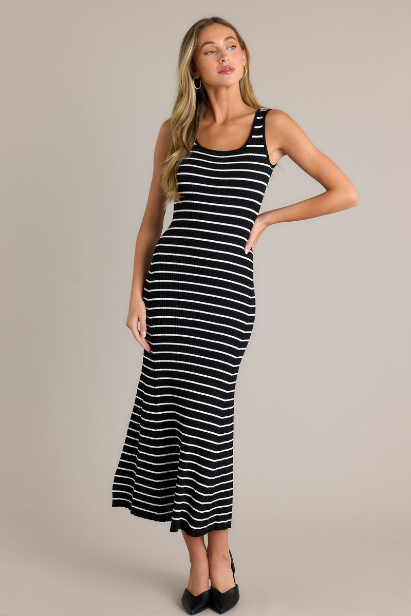 Classic Rhythm Black Stripe Ribbed Midi Dress