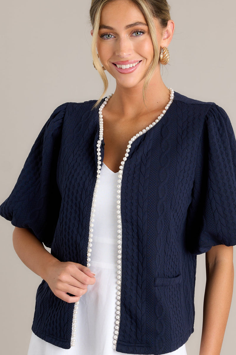 Universal Charm Navy Short Puff Sleeve Jacket