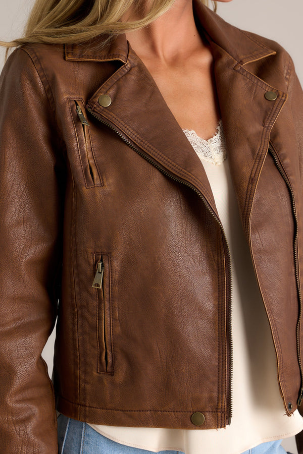 Let's Ride Brown Faux Leather Moto Jacket