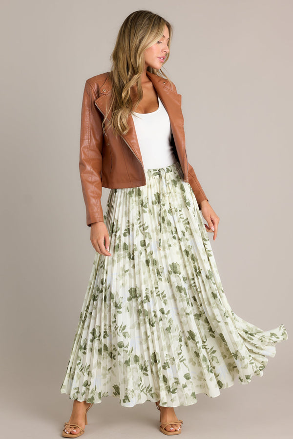 Verdant Garden Green Floral Pleated Maxi Skirt