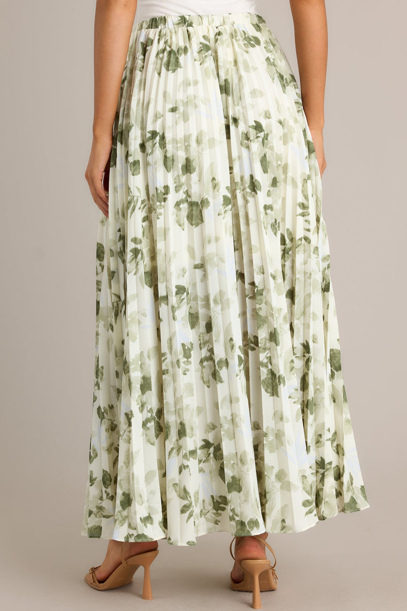 Verdant Garden Green Floral Pleated Maxi Skirt