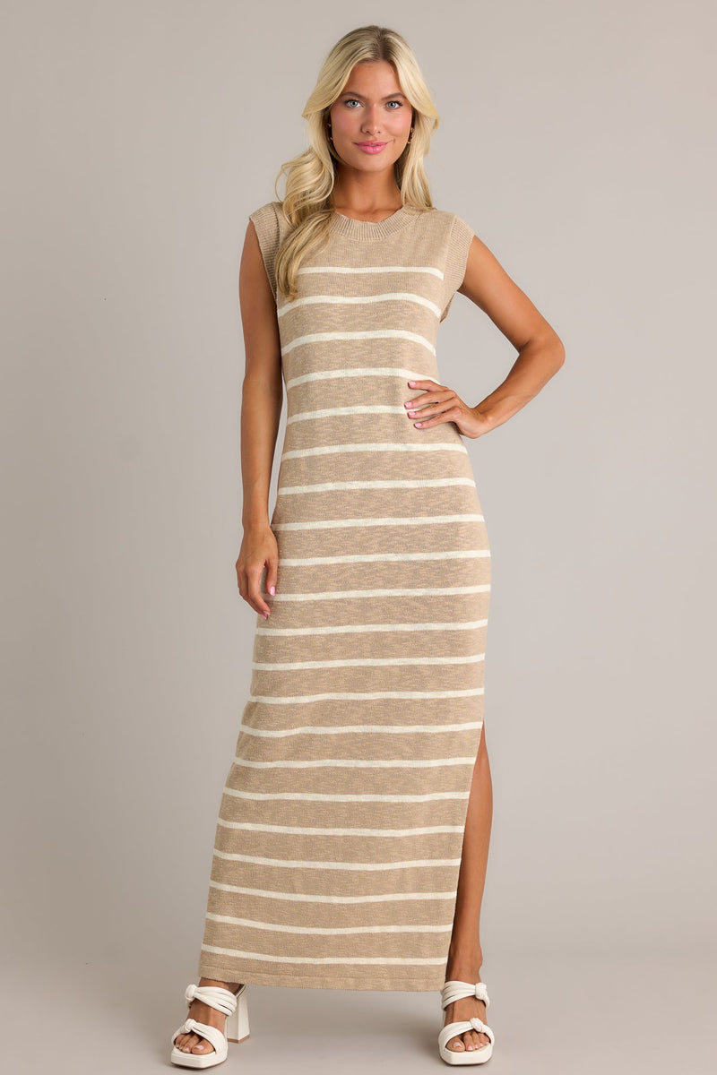 Neutral Grace Taupe Stripe Sleeveless Maxi Dress