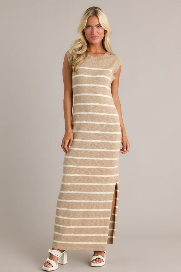 Neutral Grace Taupe Stripe Sleeveless Maxi Dress