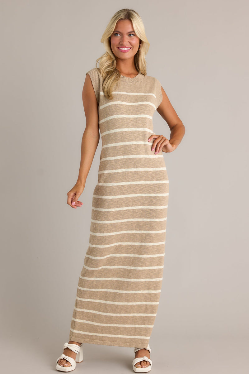 Neutral Grace Taupe Stripe Sleeveless Maxi Dress