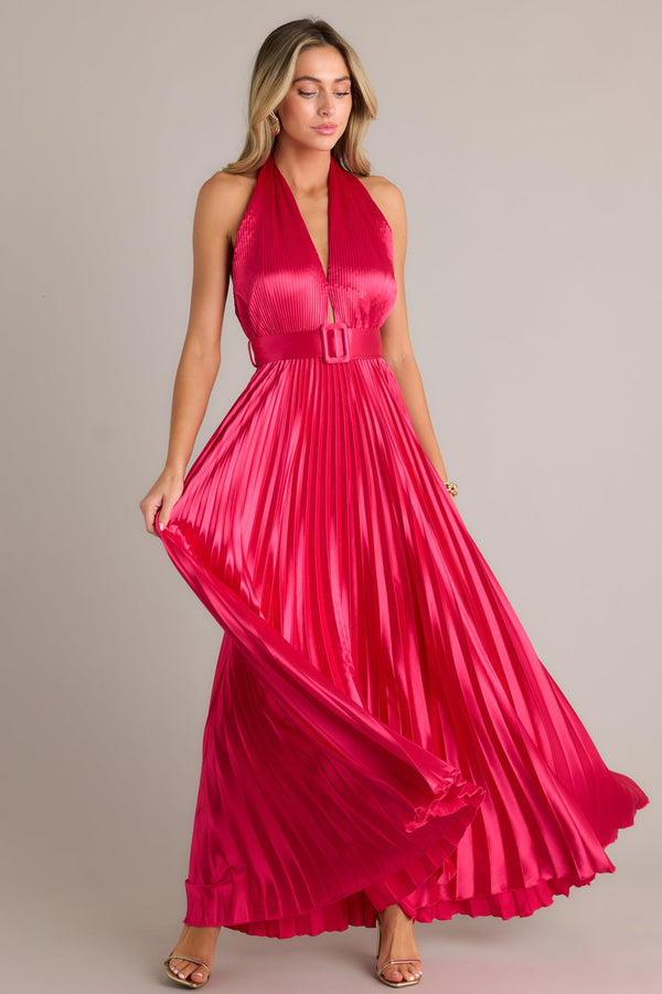 Runaway Icon Magenta Pink Pleated Halter Maxi Dress