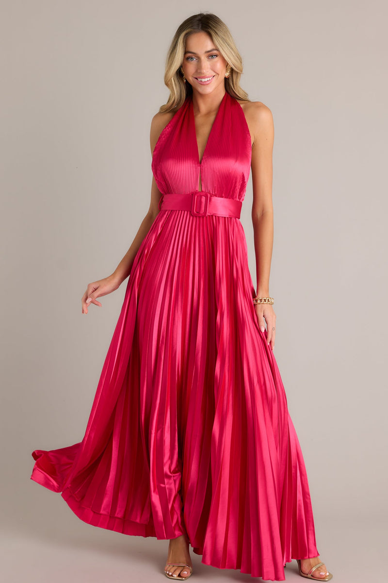 Runaway Icon Magenta Pink Pleated Halter Maxi Dress