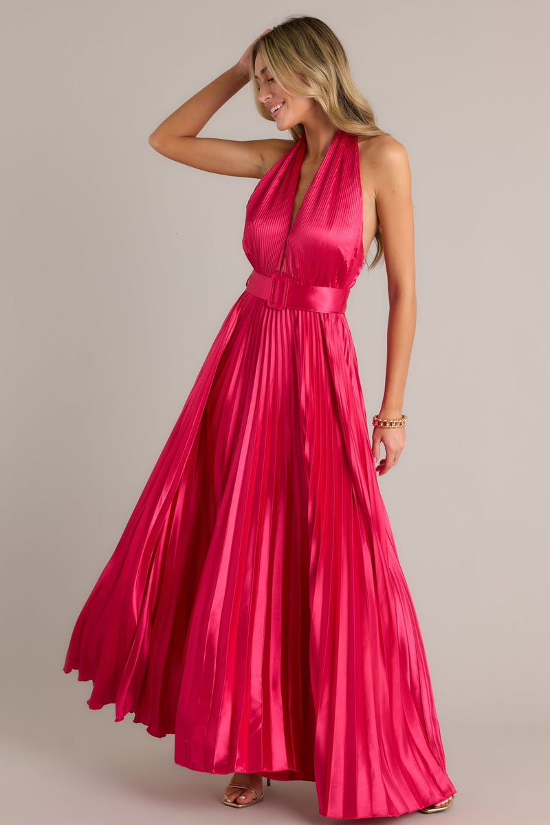 Runaway Icon Magenta Pink Pleated Halter Maxi Dress