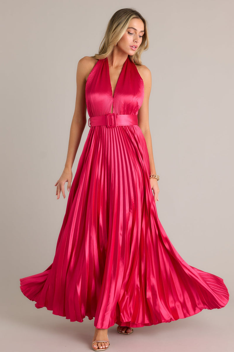 Runaway Icon Magenta Pink Pleated Halter Maxi Dress