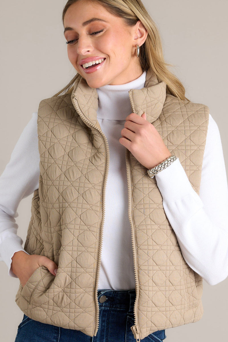 In Another Life Tan Quilted Zip-Up Vest