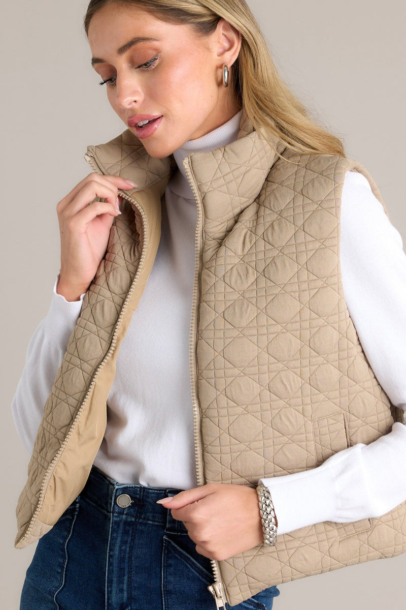 In Another Life Tan Quilted Zip-Up Vest