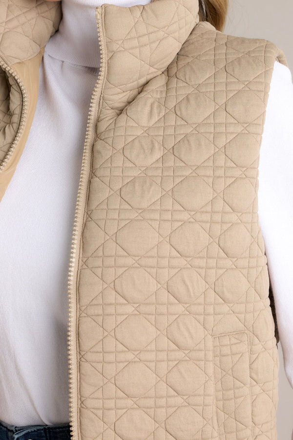 In Another Life Tan Quilted Zip-Up Vest