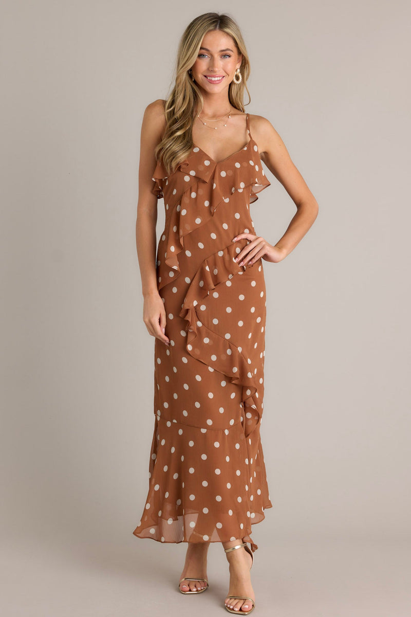 Mystic Moon Copper Polka Dot Ruffle Maxi Dress