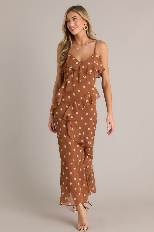 Mystic Moon Copper Polka Dot Ruffle Maxi Dress