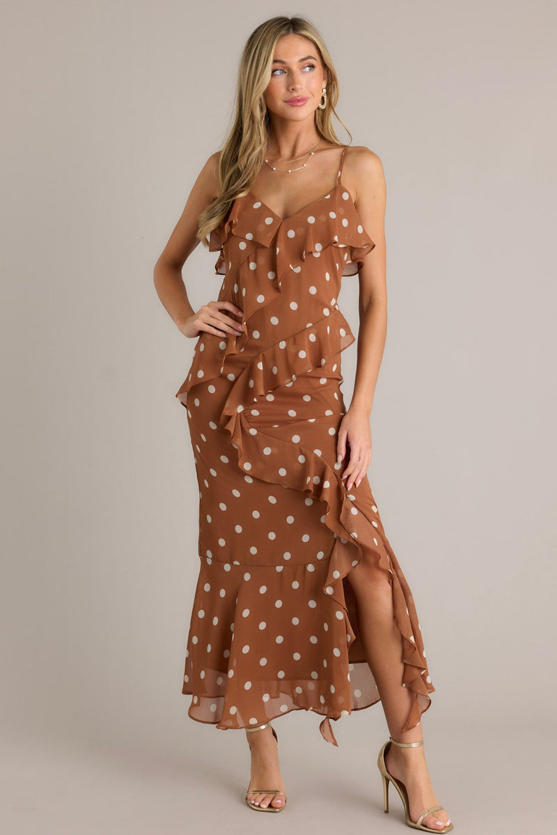 Mystic Moon Copper Polka Dot Ruffle Maxi Dress