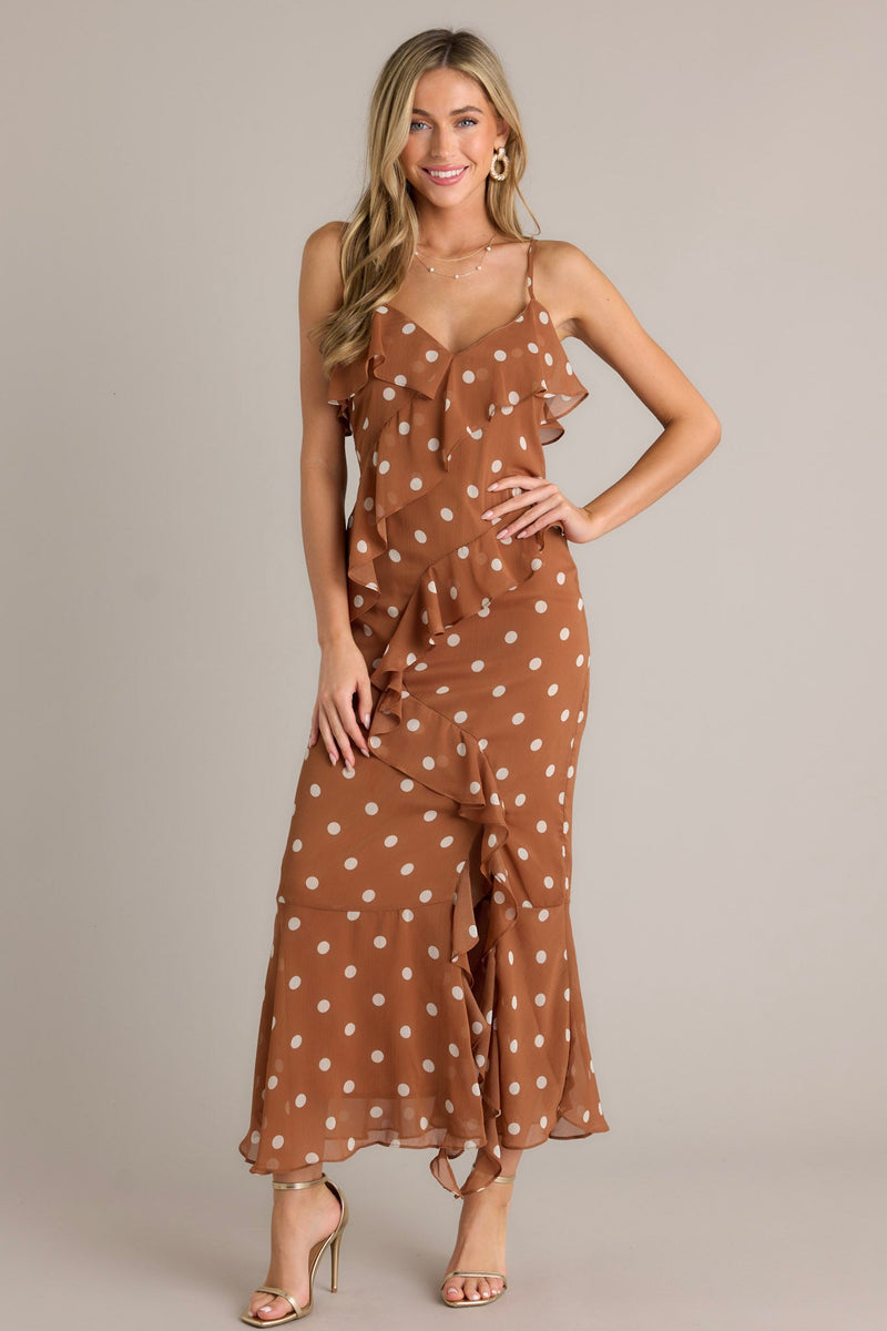 Mystic Moon Copper Polka Dot Ruffle Maxi Dress