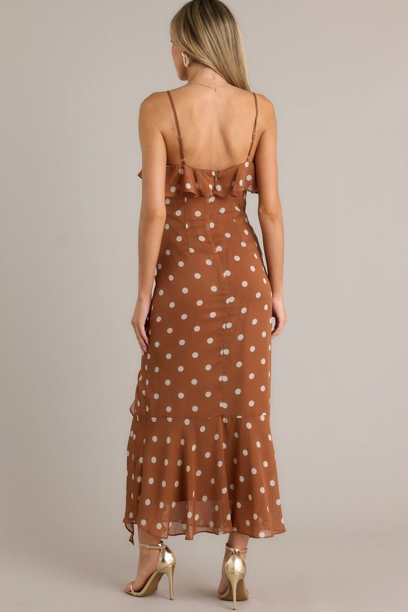 Mystic Moon Copper Polka Dot Ruffle Maxi Dress