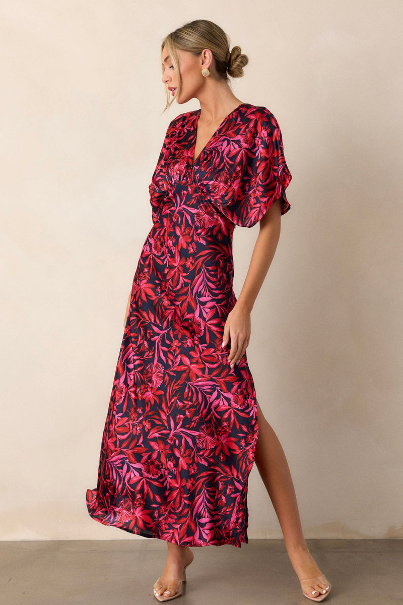 Waltz Through Time Fuchsia Floral Satin Maxi Dress