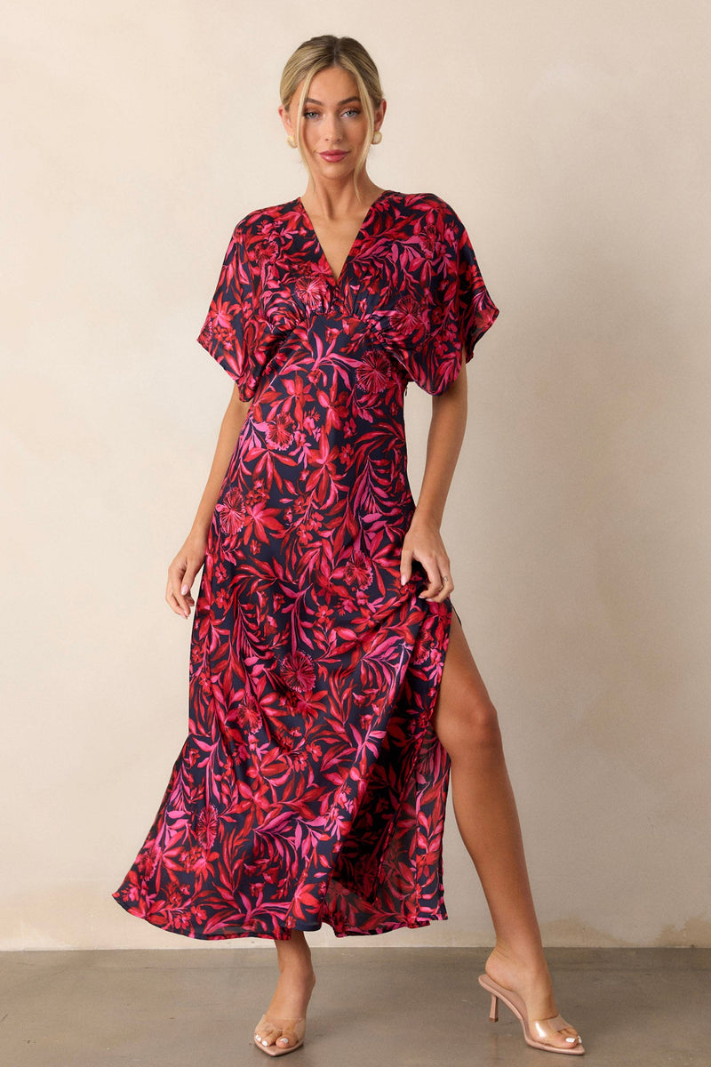 Waltz Through Time Fuchsia Floral Satin Maxi Dress