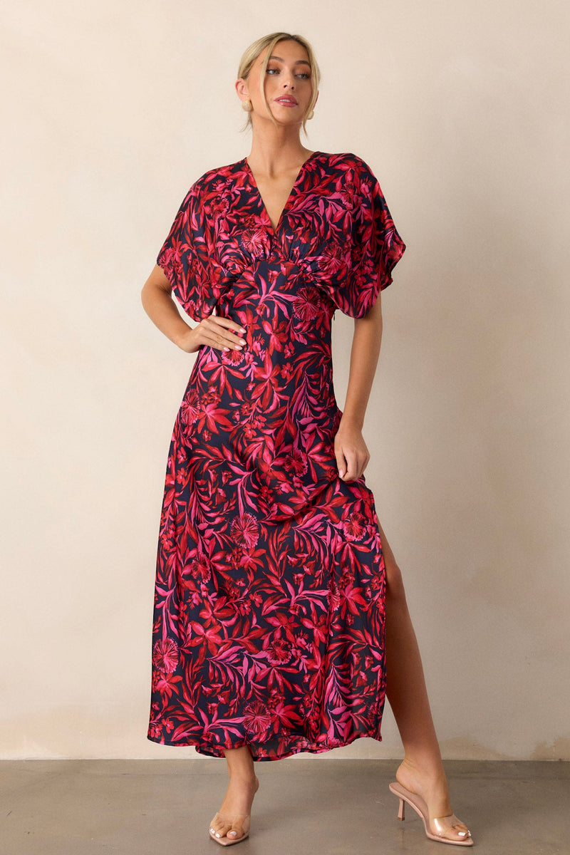 Waltz Through Time Fuchsia Floral Satin Maxi Dress