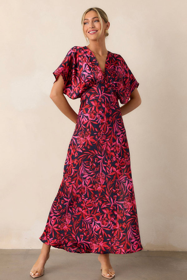 Waltz Through Time Fuchsia Floral Satin Maxi Dress