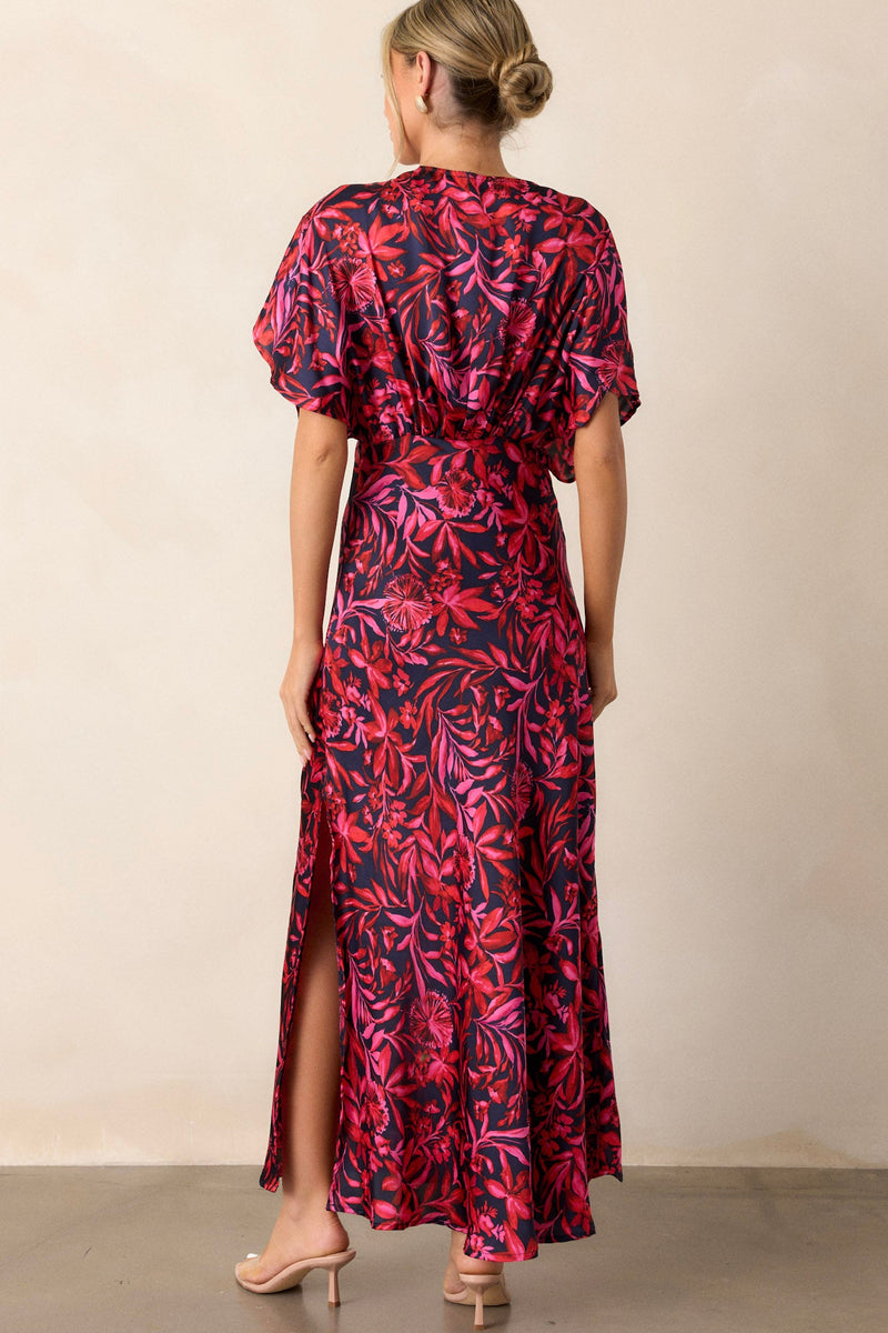 Waltz Through Time Fuchsia Floral Satin Maxi Dress