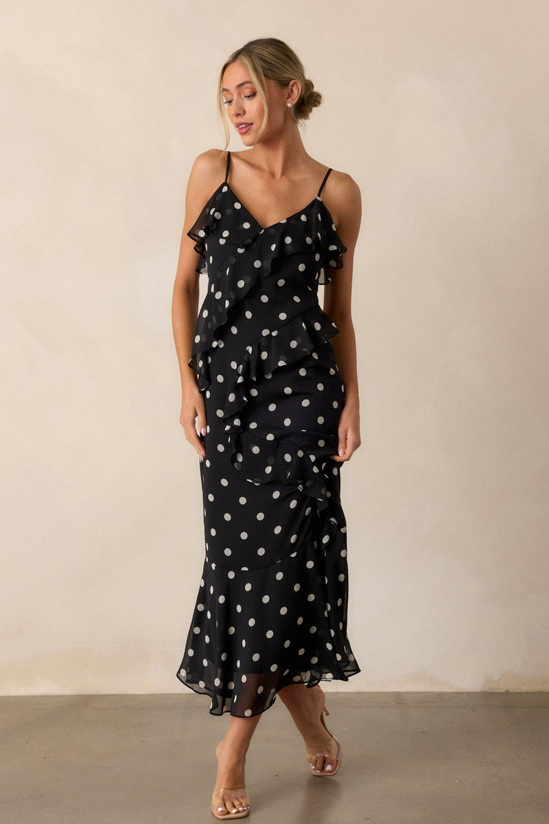 Mystic Moon Black Polka Dot Ruffle Maxi Dress