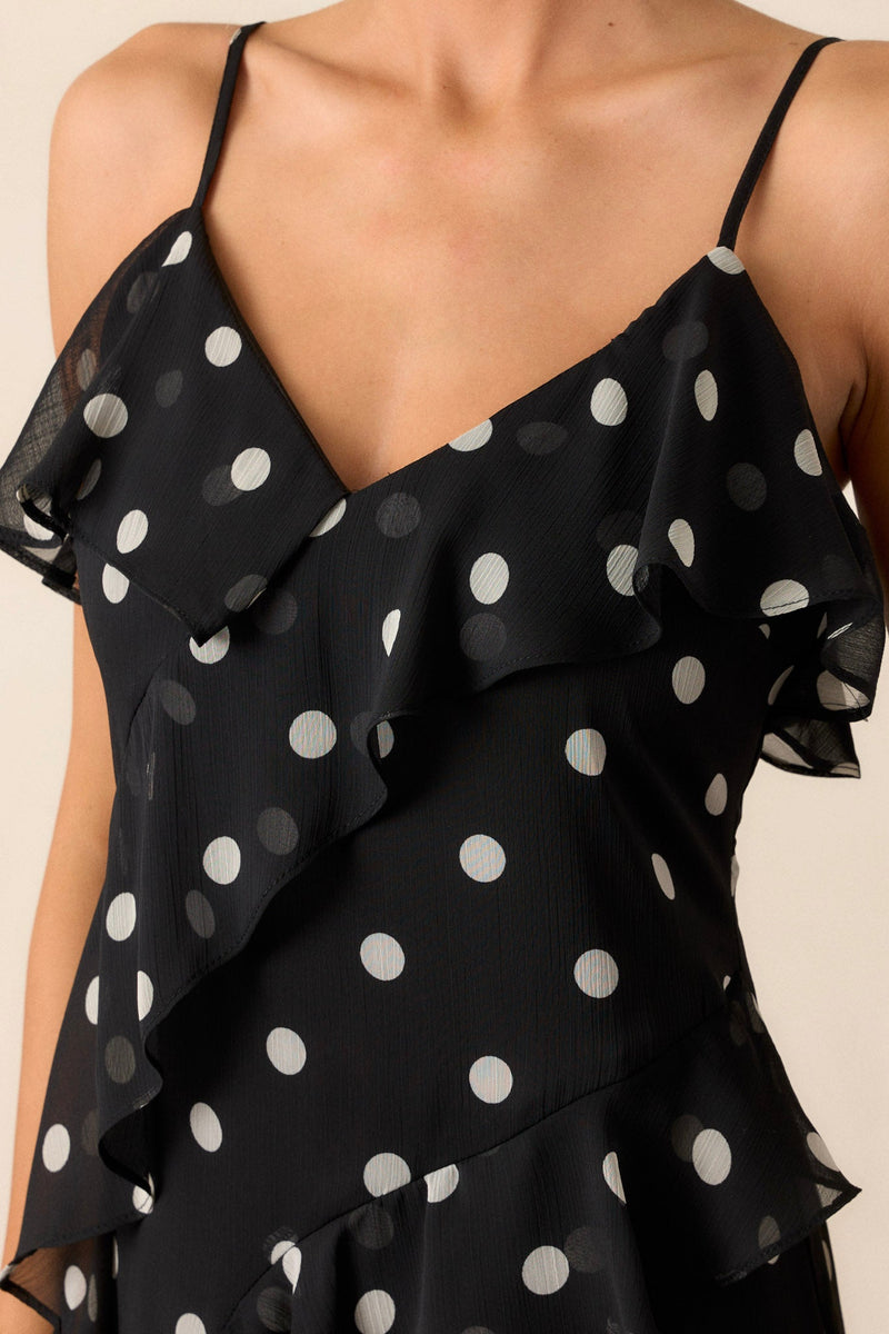 Mystic Moon Black Polka Dot Ruffle Maxi Dress