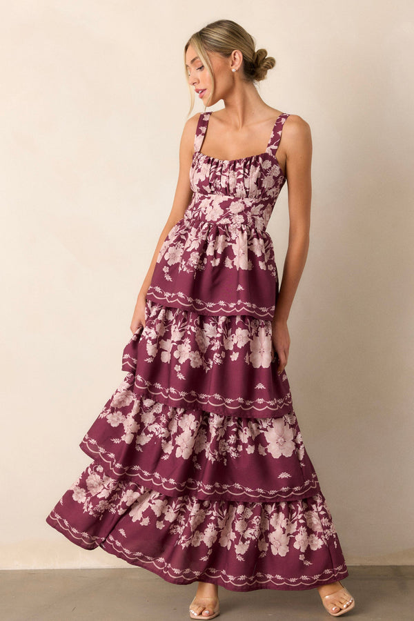 Sweet Reminiscence Wine Floral Tiered Maxi Dress