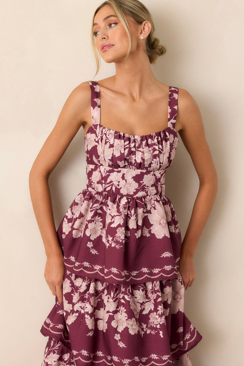 Sweet Reminiscence Wine Floral Tiered Maxi Dress