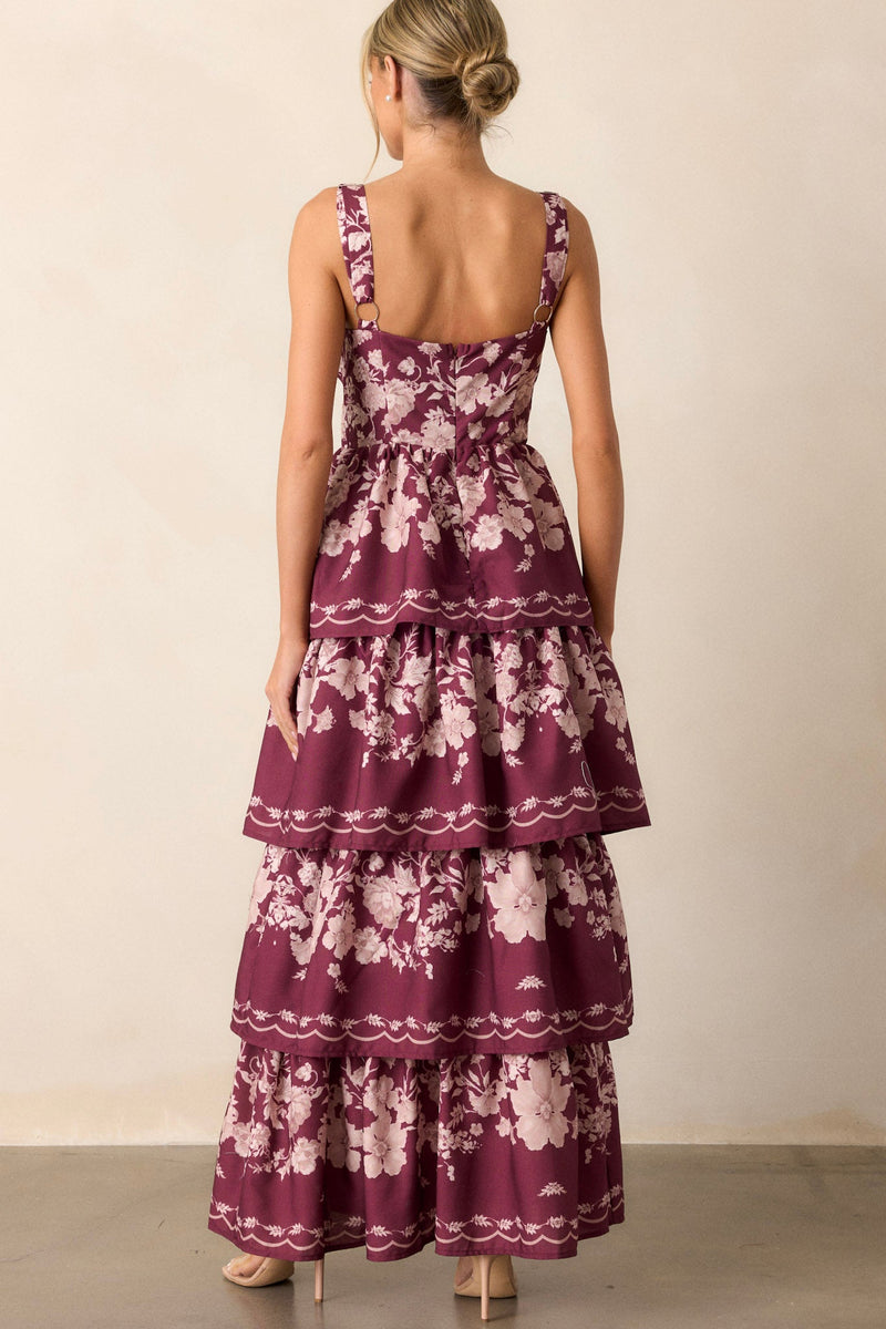 Sweet Reminiscence Wine Floral Tiered Maxi Dress