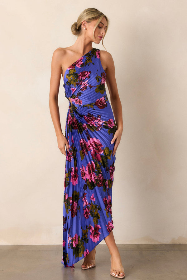 Poetic Charm Violet Floral Asymmetric One Shoulder Maxi Dress