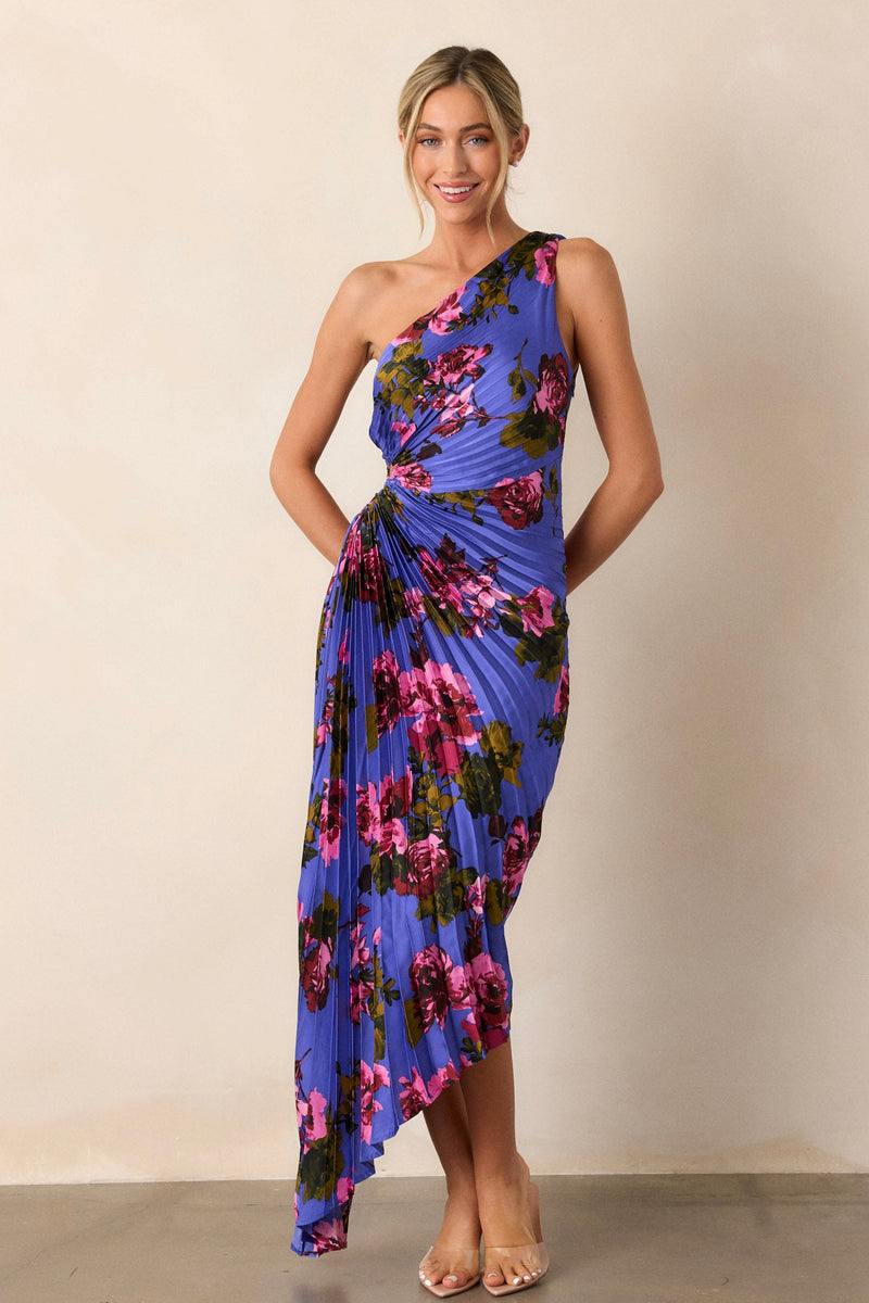 Poetic Charm Violet Floral Asymmetric One Shoulder Maxi Dress