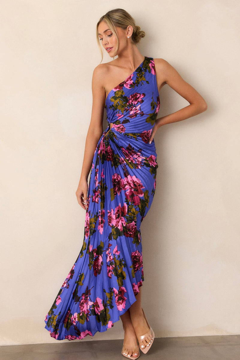 Poetic Charm Violet Floral Asymmetric One Shoulder Maxi Dress