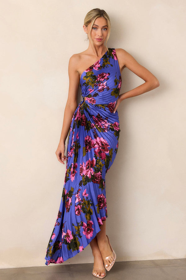 Poetic Charm Violet Floral Asymmetric One Shoulder Maxi Dress