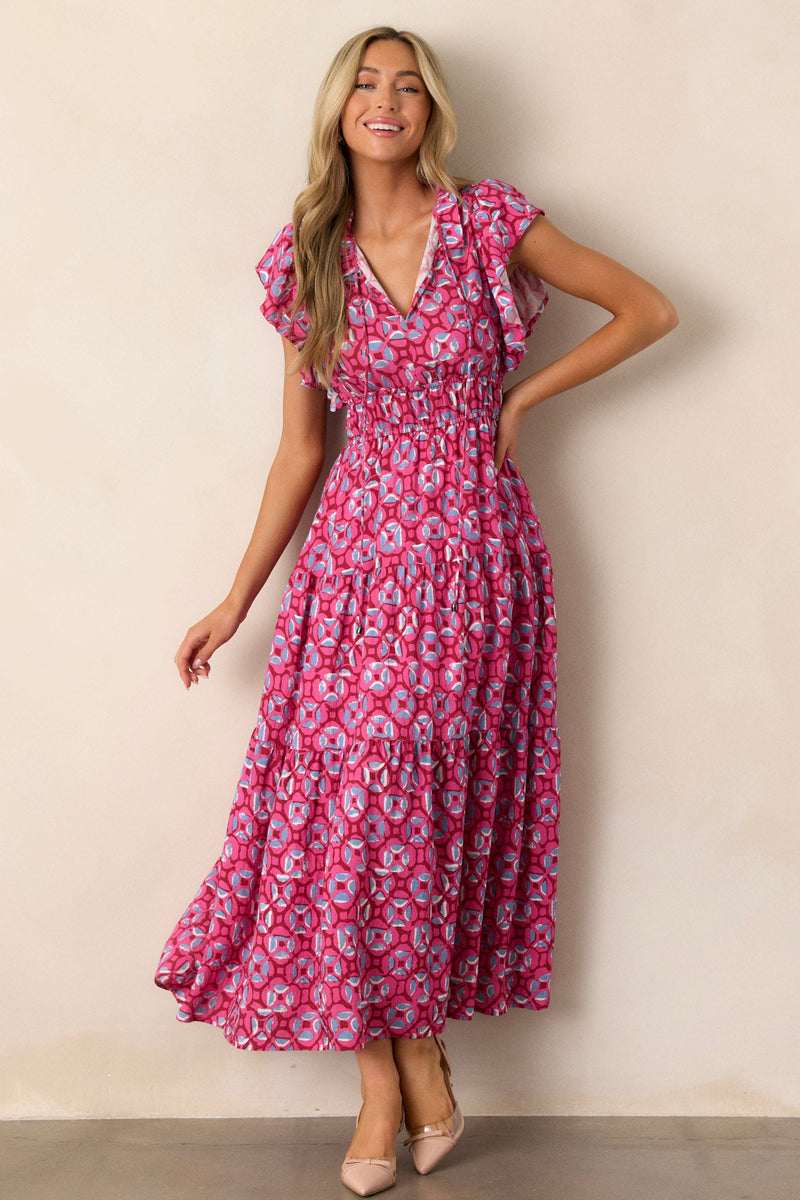 Vintage Vow Pink Ruffle Sleeve Maxi Dress