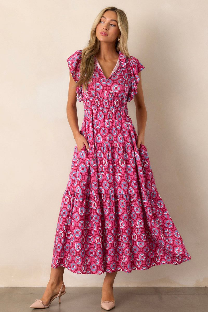 Vintage Vow Pink Ruffle Sleeve Maxi Dress