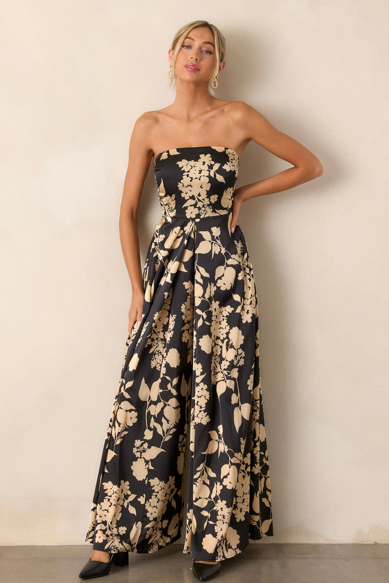 In The Dark Black Floral Strapless Wide Leg Jumpsuit