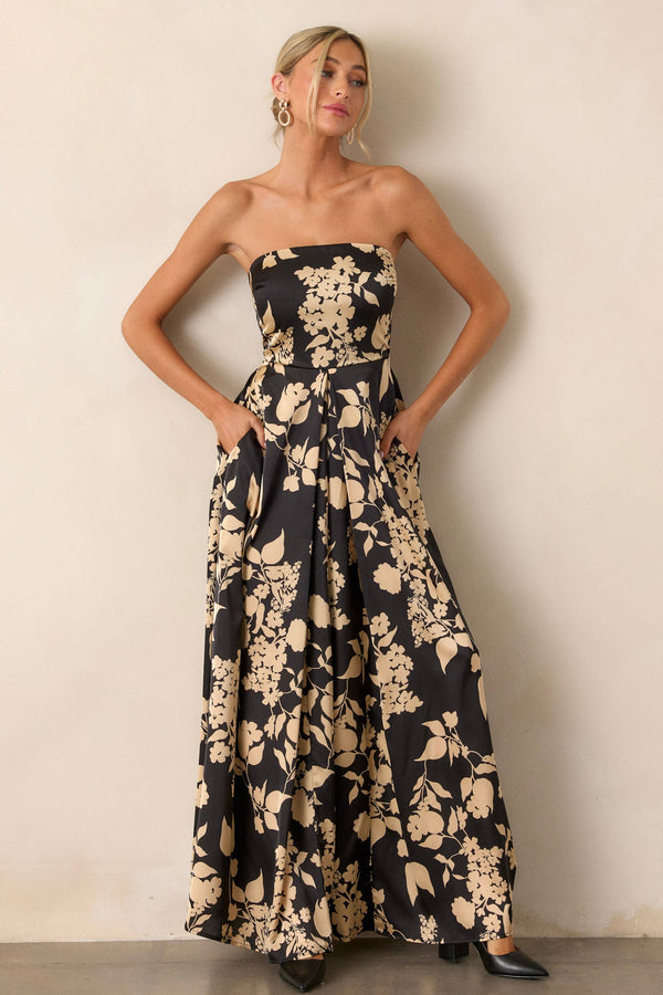 In The Dark Black Floral Strapless Wide Leg Jumpsuit