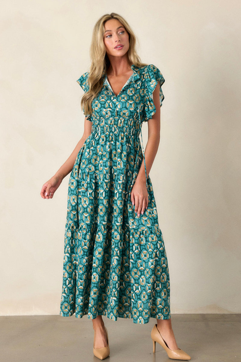 Vintage Vow Green Ruffle Sleeve Maxi Dress