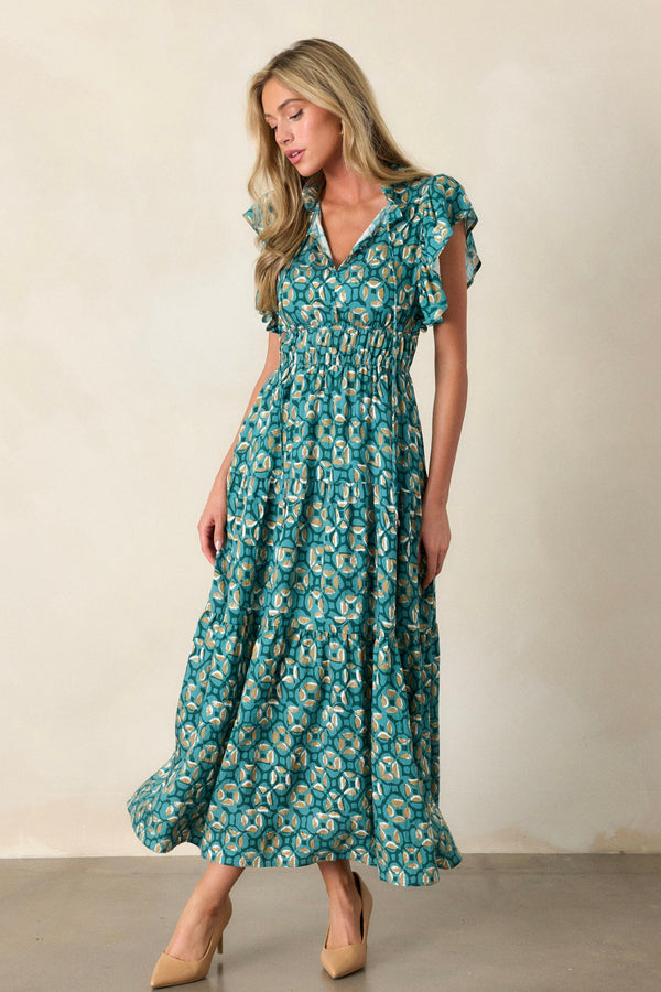 Vintage Vow Green Ruffle Sleeve Maxi Dress