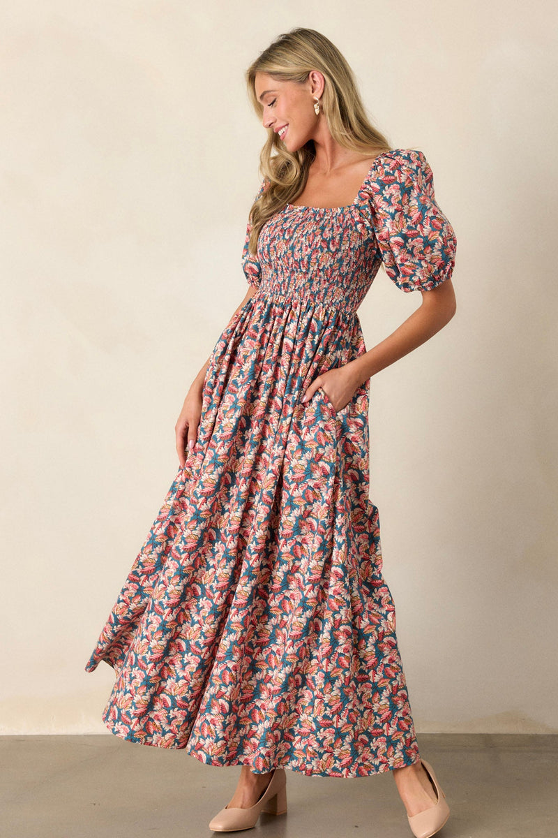 Afternoon Delight 100% Cotton Teal Floral Maxi Dress