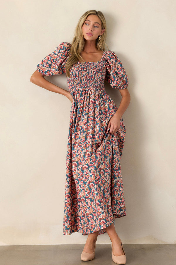 Afternoon Delight 100% Cotton Teal Floral Maxi Dress