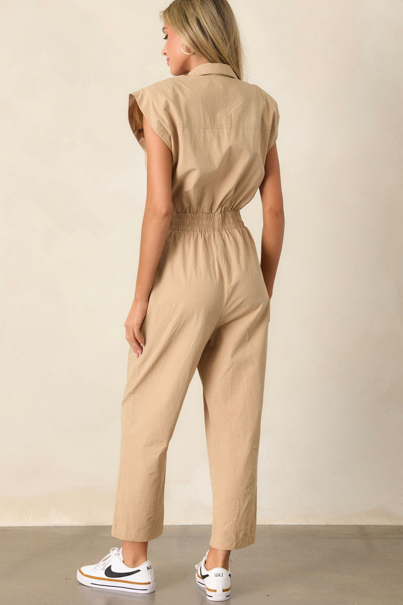 But A Dream Taupe 100% Cotton Cargo Jumpsuit