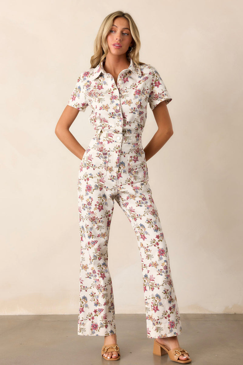 Landslide Harmony Ivory Floral Denim Jumpsuit