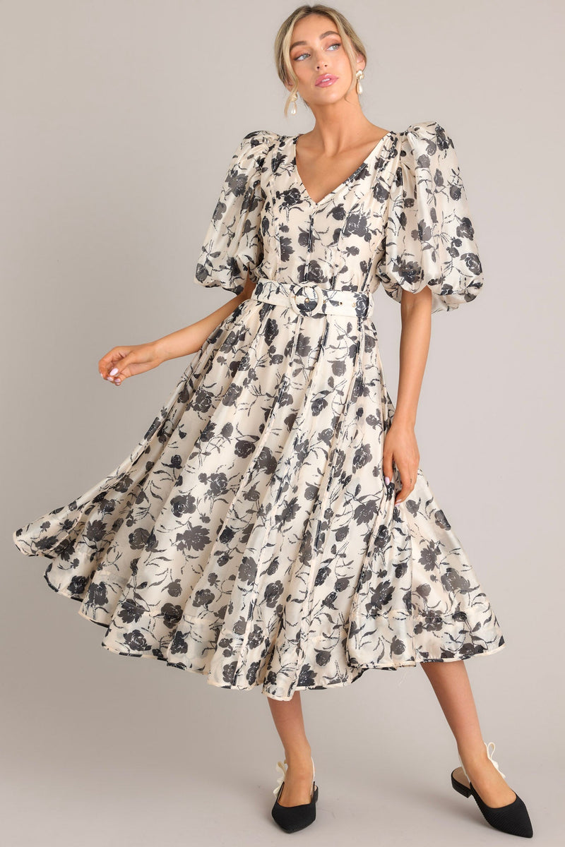 Blossoming Resilience Ivory & Black Floral Belted Midi Dress