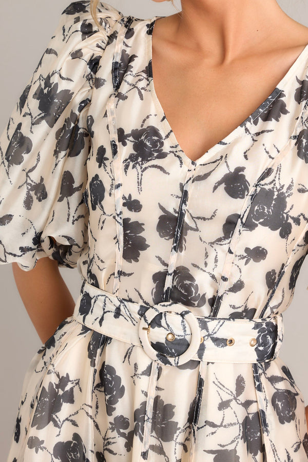 Blossoming Resilience Ivory & Black Floral Belted Midi Dress