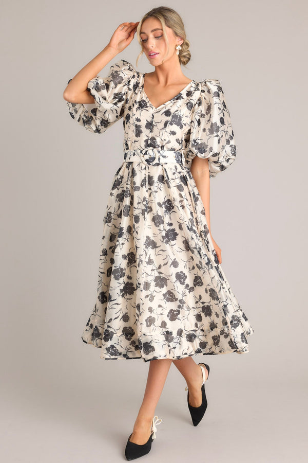 Blossoming Resilience Ivory & Black Floral Belted Midi Dress